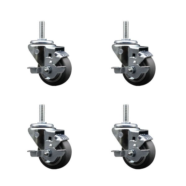3 Inch Thermoplastic  Rubber Wheel Swivel 34 Inch Threaded Stem Caster Set with Brake SCC